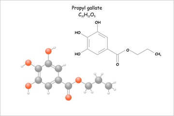 Stylized molecule model/structural formula of propyl gallate. Use as food additive.