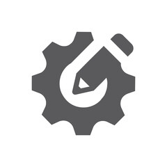 Gear and pencil black vector icon. Cogwheel and pen, edit and settings filled symbol.