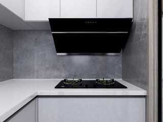 3D rendering,Spacious modern luxurious kitchen with bar design.