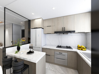 3D rendering,Spacious modern luxurious kitchen with bar design.