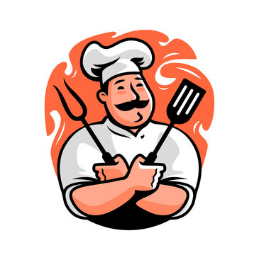 Chef with fork and spatula for barbecue logo. Grill food emblem. Cartoon character vector illustration