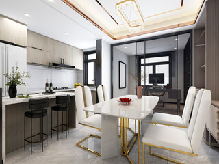 3D rendering,Spacious modern luxurious kitchen with bar design.