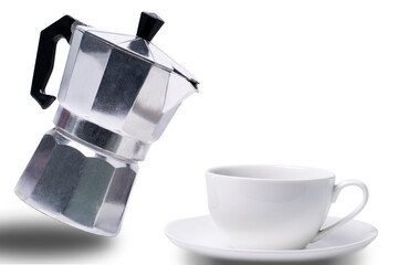Moka pot and coffee cup on white background