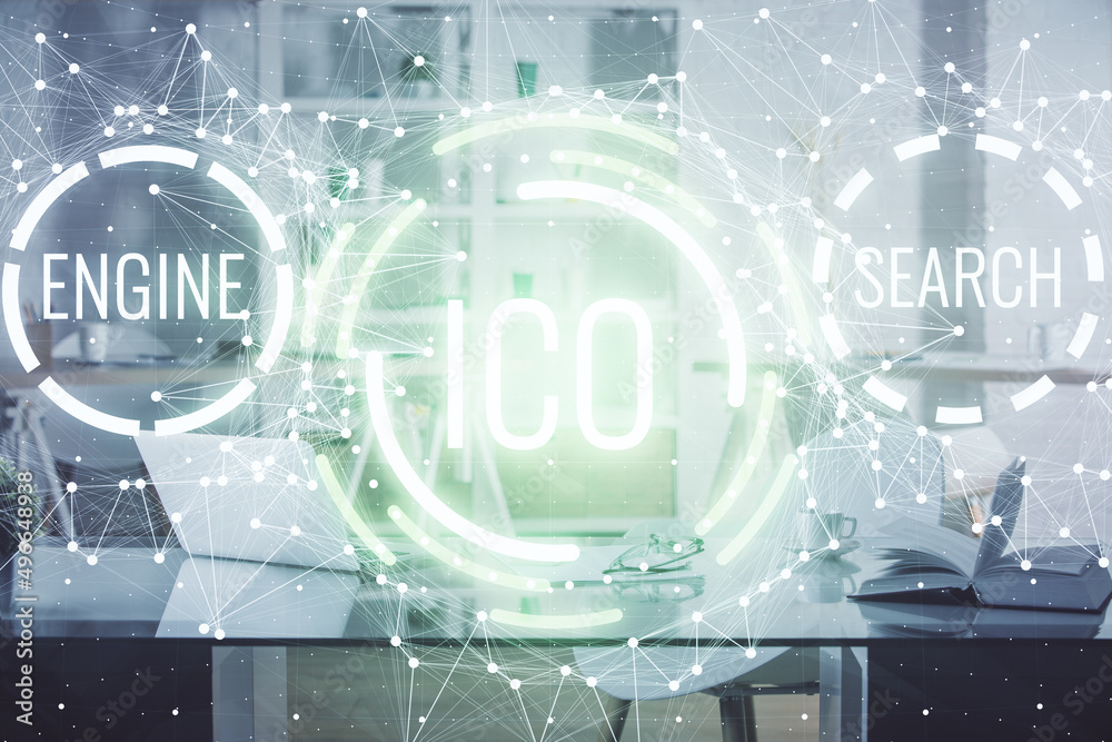 Poster double exposure of crypto technology theme drawing and office interior background. concept of blockc