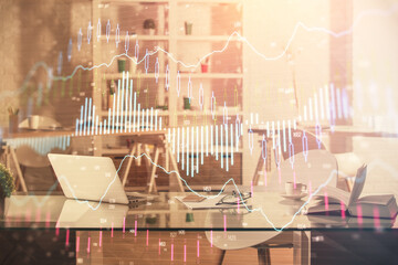 Multi exposure of stock market chart drawing and office interior background. Concept of financial analysis.