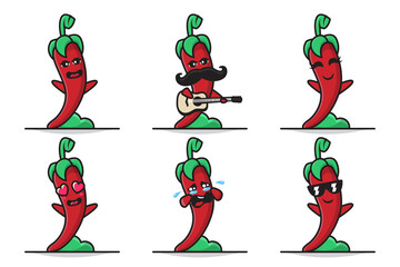 Bundle Set Illustration of Cute Chili Character with Different Expression