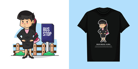 Illustration Vector Graphic of Cute Business Girl is Waiting for the Bus with T-Shirt Design