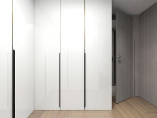 3D rendering, elegant and spacious bedroom design of modern apartment, overcoat cabinet beside the big bed, with dressing table and green plants