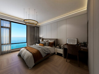 3D rendering, elegant and spacious bedroom design of modern apartment, overcoat cabinet beside the big bed, with dressing table and green plants