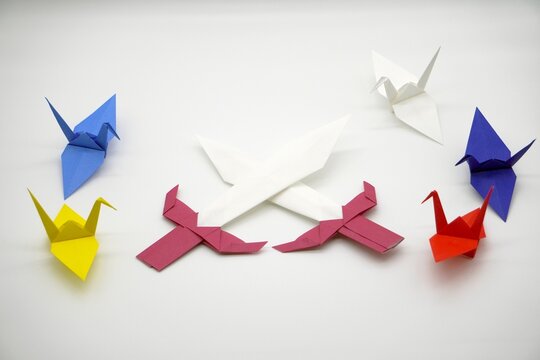 Ukraine-Russia flag-colored paper crane war