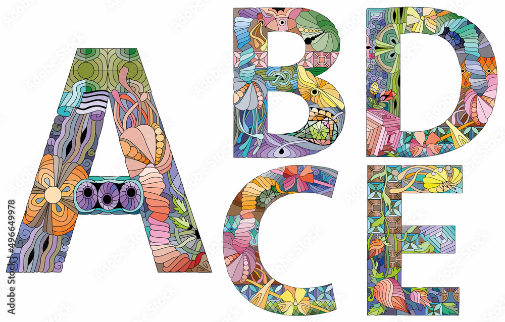 Fototapete vector of hand drawn set of alphabet from a - e in zentangle style