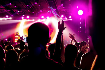 Fototapeta na wymiar A girl with raised hands enjoys a rock concert.