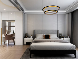 3D rendering, elegant and spacious bedroom design of modern apartment, overcoat cabinet beside the big bed, with dressing table and green plants