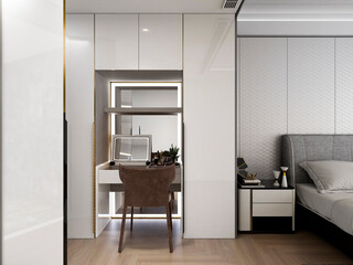 3D rendering, elegant and spacious bedroom design of modern apartment, overcoat cabinet beside the big bed, with dressing table and green plants