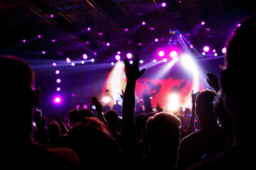 Fototapeta na wymiar Rock concert, silhouettes of happy people raising up hands.