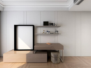 3D rendering, elegant and spacious bedroom design of modern apartment, overcoat cabinet beside the big bed, with dressing table and green plants