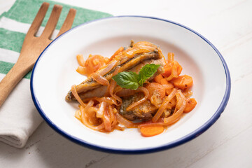 Pickled horse mackerel with carrot onion. Spanish traditional tapas.