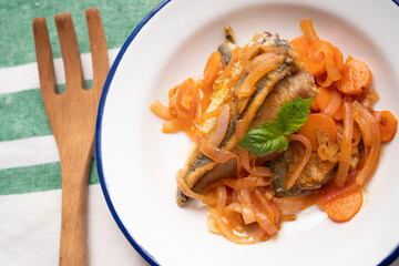 Pickled horse mackerel with carrot onion. Spanish traditional tapas.
