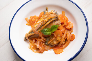 Pickled horse mackerel with carrot onion. Spanish traditional tapas.