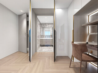 3D rendering, elegant and spacious bedroom design of modern apartment, overcoat cabinet beside the big bed, with dressing table and green plants