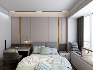 3D rendering, elegant and spacious bedroom design of modern apartment, overcoat cabinet beside the big bed, with dressing table and green plants