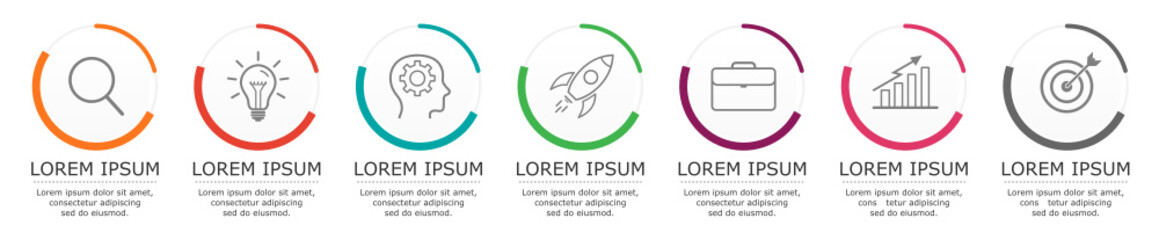 Business infographic Vector with 7 steps. Used for presentation,information,education,connection,marketing, project,strategy,technology,learn,brainstorm,creative,growth,abstract,stairs,idea,text,work