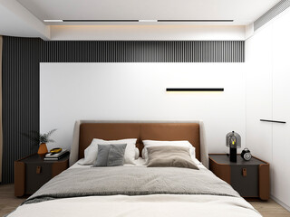 3D rendering, elegant and spacious bedroom design of modern apartment, overcoat cabinet beside the big bed, with dressing table and green plants