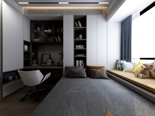 3D rendering, elegant and spacious bedroom design of modern apartment, overcoat cabinet beside the big bed, with dressing table and green plants