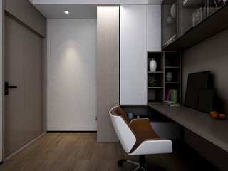 3D rendering, elegant and spacious bedroom design of modern apartment, overcoat cabinet beside the big bed, with dressing table and green plants