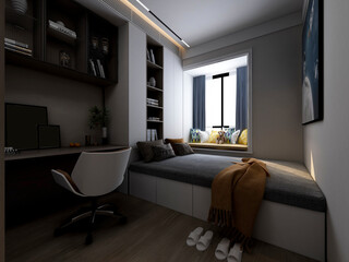 3D rendering, elegant and spacious bedroom design of modern apartment, overcoat cabinet beside the big bed, with dressing table and green plants