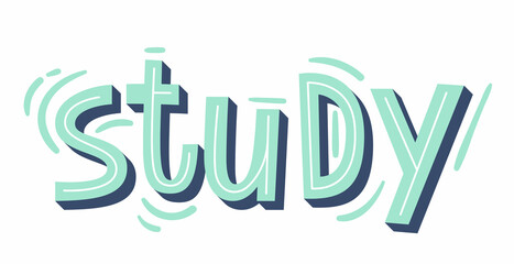 "Study" lettering. Modern hand-written text. Sticker for planner. Bright "Study" text. Planning concept.
