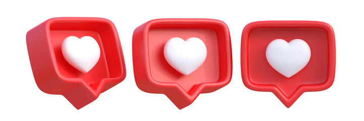 Set of heart in speech bubble icon isolated on a white background. Love like heart social media notification icon.  Emoji, chat and Social Network. 3d rendering, 3d illustration © Andrii