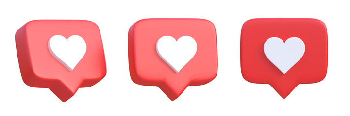 Set of heart in speech bubble icon isolated on a white background. Love like heart social media notification icon.  Emoji, chat and Social Network. 3d rendering, 3d illustration - obrazy, fototapety, plakaty
