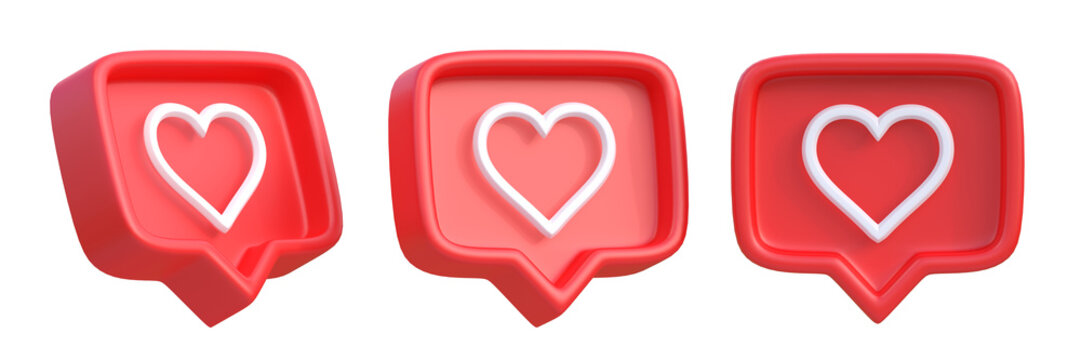 Set of heart in speech bubble icon isolated on a white background. Love like heart social media notification icon.  Emoji, chat and Social Network. 3d rendering, 3d illustration