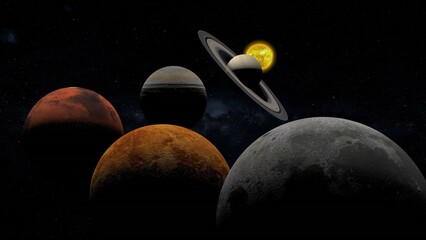 Planetary parade , moon , venus , mars , jupiter and saturn are all visible before sunrise in the east-southeast sky , planet alignment 3d illustration © SN