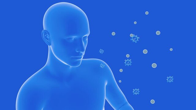 3d animation of a man coughing and viruses coming out. Without the mask on, it spreads viruses and contagion. Graphic style image on blue background.