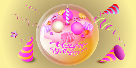 Happy Birthday card in soft colors with cake, bubbles and festive decorations