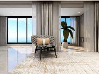 3D rendering, spacious and bright urban residential enclosed balcony design, green plants and household appliances look casual and comfortable