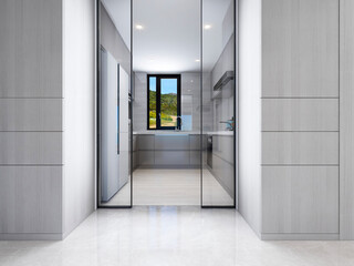 3D rendering, spacious and bright urban residential enclosed balcony design, green plants and household appliances look casual and comfortable