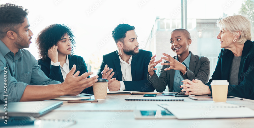 Poster I have a different approach to the problem. Shot of a diverse group of businesspeople sitting in the office together and having a meeting.