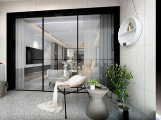 3D rendering, spacious and bright urban residential enclosed balcony design, green plants and household appliances look casual and comfortable