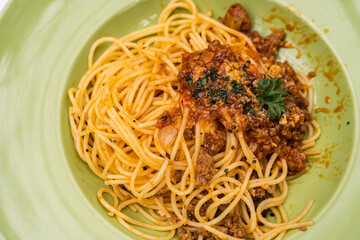 close up view of spaghetti bolognese