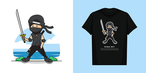 Illustration Vector Graphic of Ninja Boys is Holding a Katana Sword with T-Shirt Mockup Design