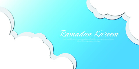 a background about ramadan kareem with a light blue background and a cloud element with a paper cut style