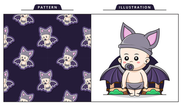 Illustration Vector Graphic of Cute Baby Wearing Bat Costume in the Helloween Day with Decorative Seamless Pattern
