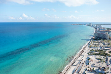 Playa Delfines in Cancun, Quintana Roo, Mexico, sunny day, aerial view