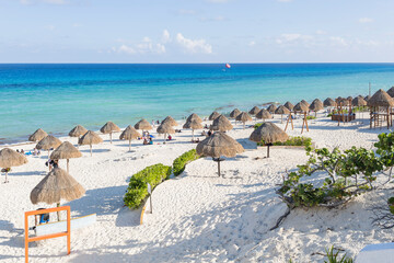 Playa Delfines in Cancun, Quintana Roo, Mexico, sunny day - obrazy, fototapety, plakaty