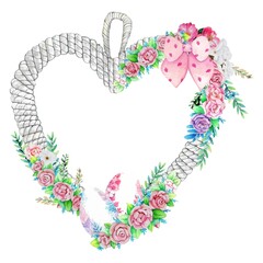 Beautiful heart easter wreath, floral frame. Vector illustration.
