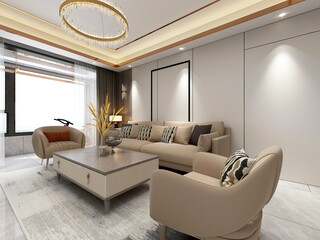 Naklejka na ściany i meble 3D rendering, spacious living room design of modern residence, with sofa, tea table, decorative painting, etc