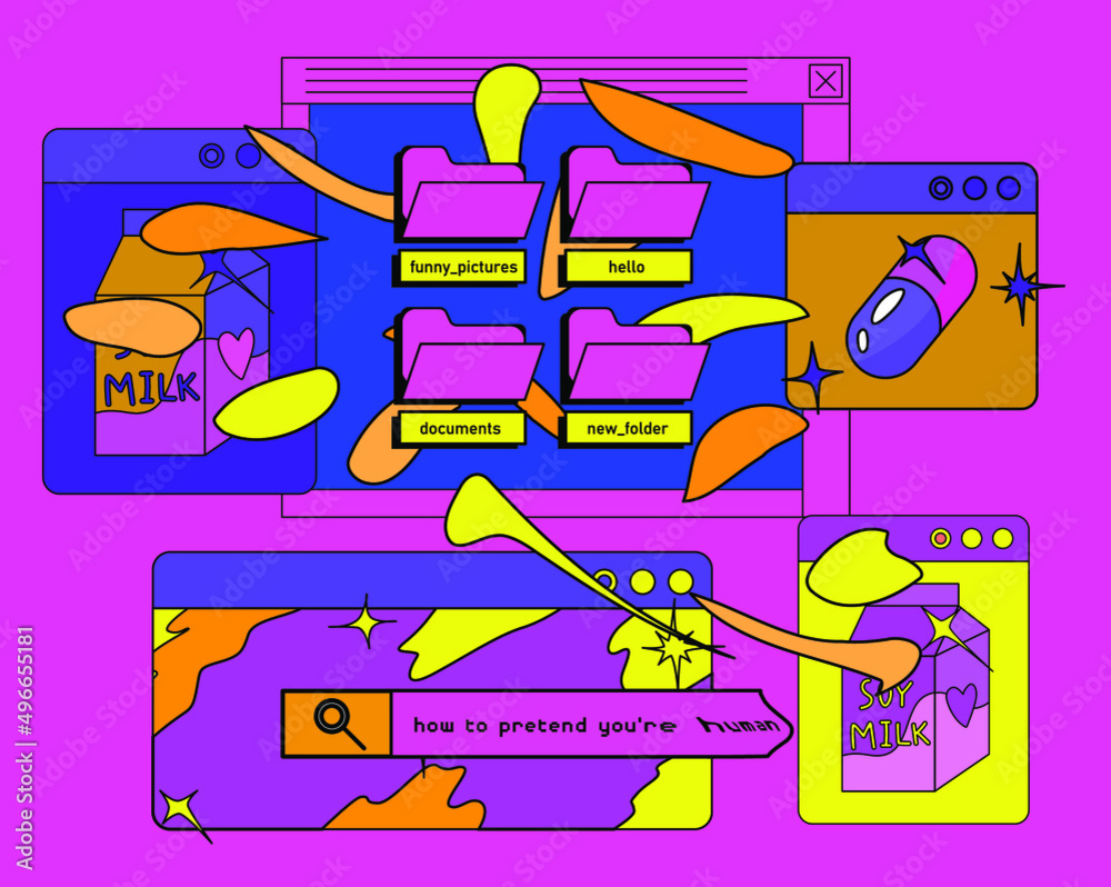 Poster Retrowave style desktop screen with different user interface elements: message boxes and tabs.